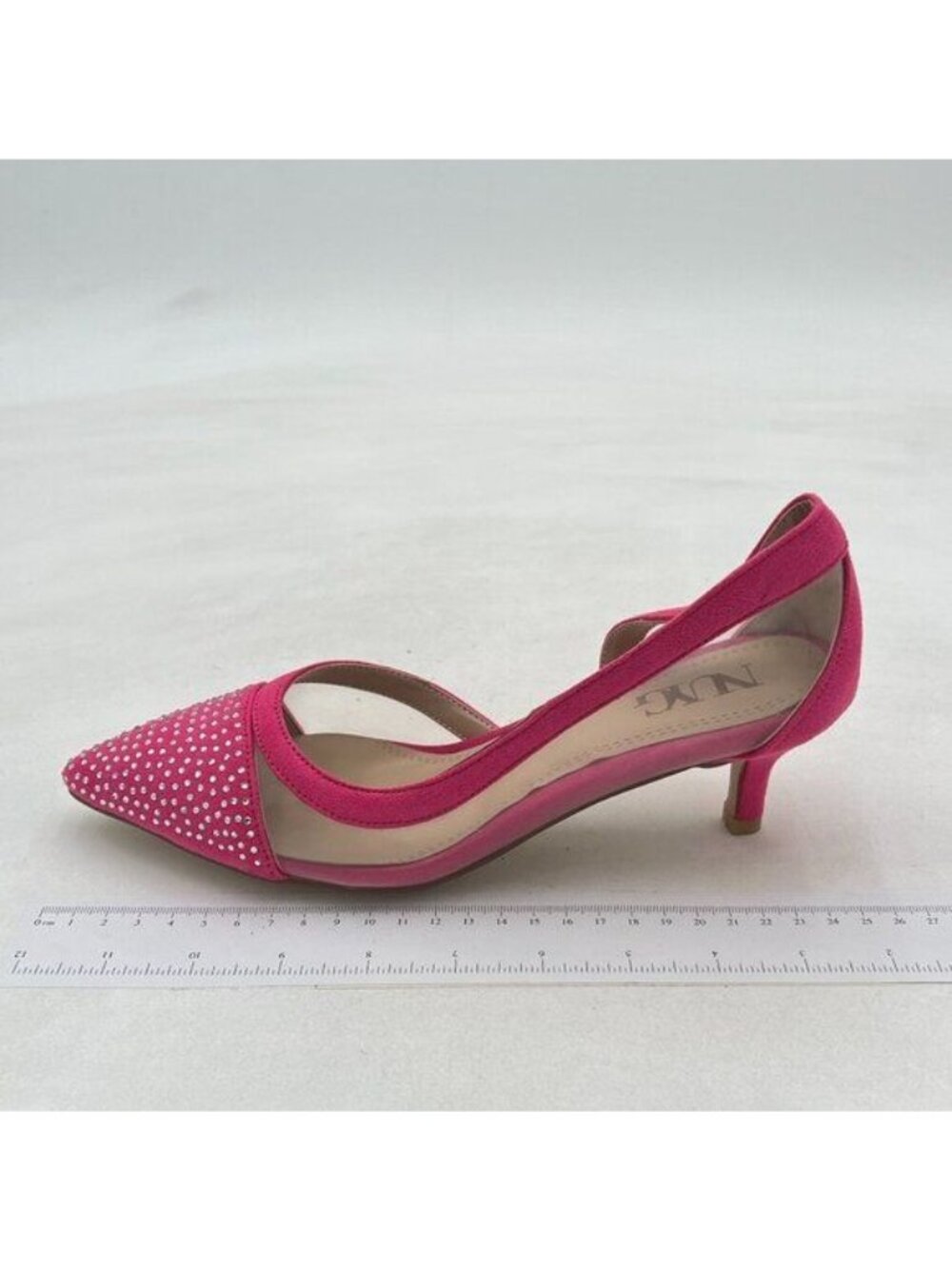Pink Women Mid Kitten Heels Pumps Rhinestones Mesh Slip On Pointed Toe Shoes